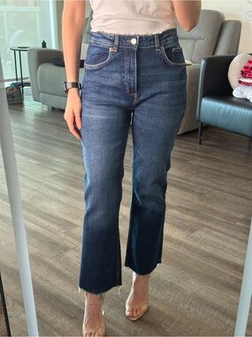 Zara Dark Blue High-Rise Cropped Flare Jeans